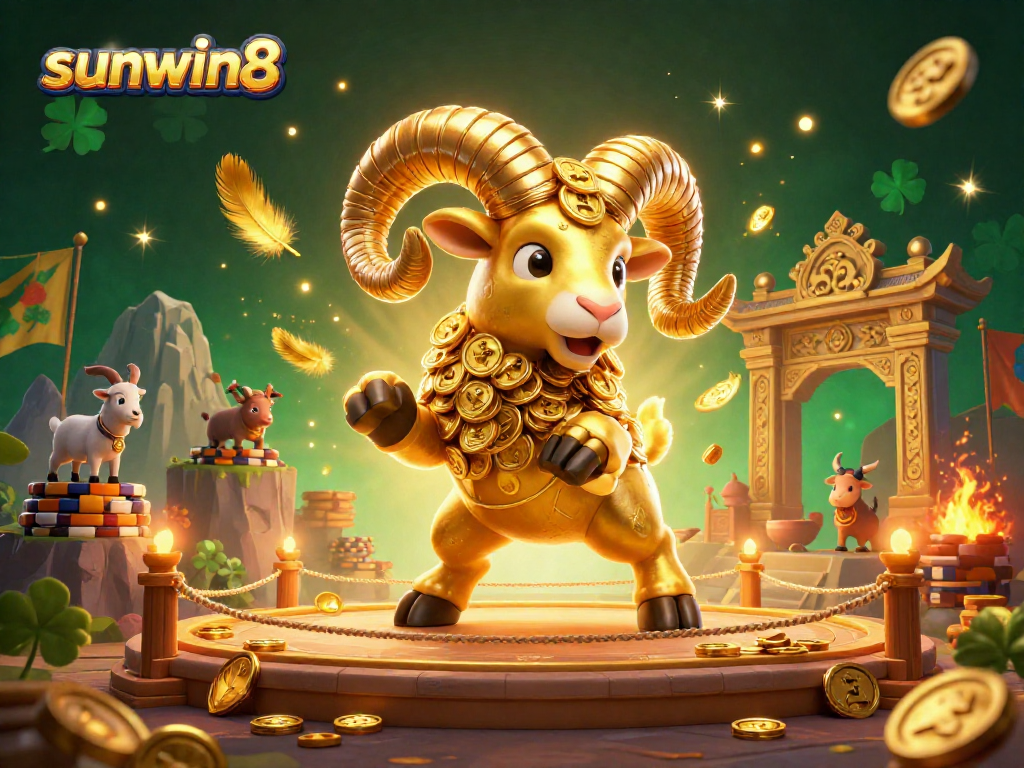 Win big at sunwin8 with thrilling games, golden ram charging through an ornate temple gate.