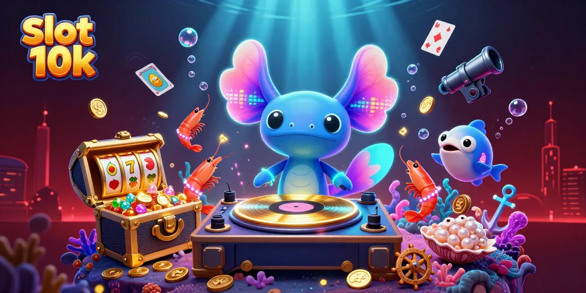 Experience excitement with slot 10k as axolotl DJ spins vibrant jackpots in an underwater casino scene.