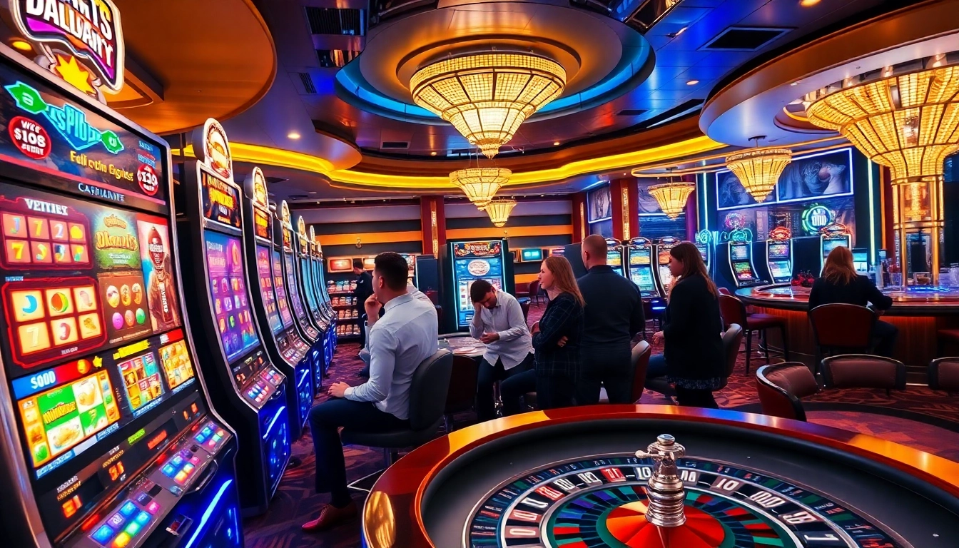 Excitement at a luxurious casino with vibrant slot gacor machines and jubilant players.