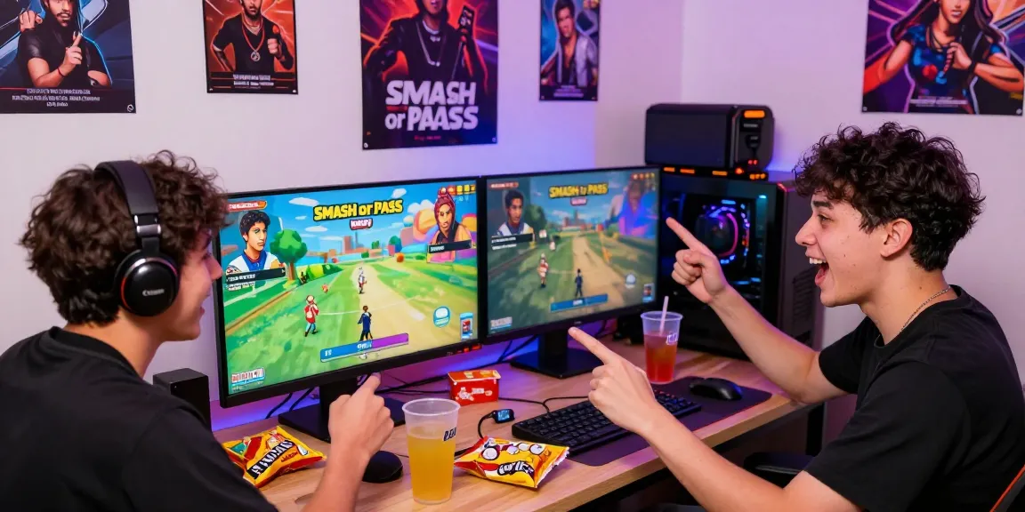 Friends excitedly playing "Smash or Pass" game with AI-generated images, colorful snacks creating a lively atmosphere.