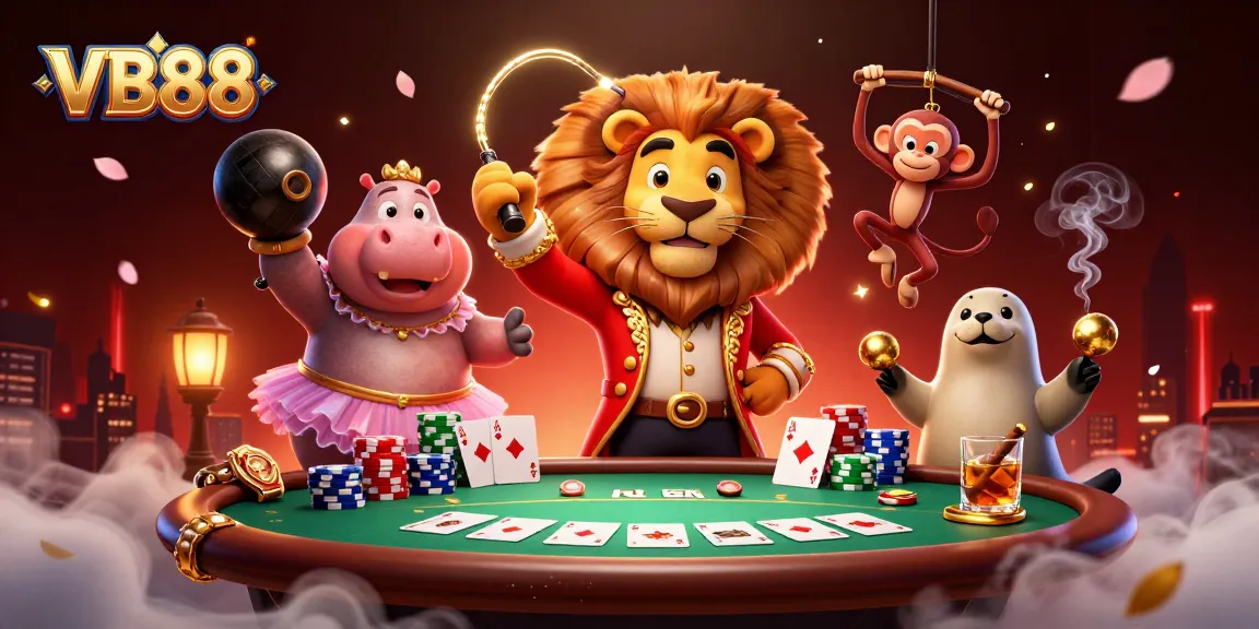 VB88 showcases an engaging casino scene with vibrant characters and poker game elements in 3D.