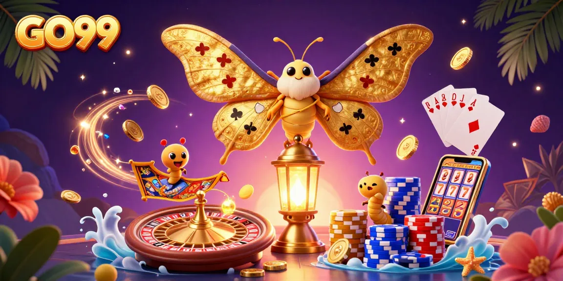 GO99 fortune awaits with a majestic moth amid casino treasures and vivid gaming elements.