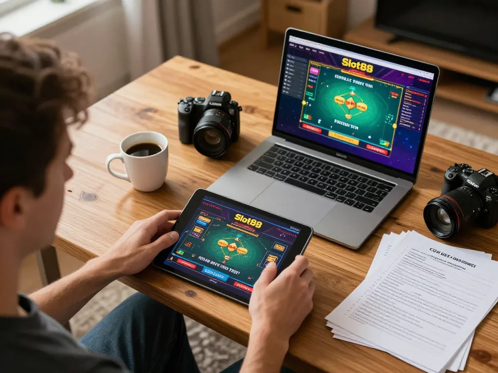 Engaging in Slot88 online gameplay, showcasing a user-focused gaming setup with strategic elements and ambiance