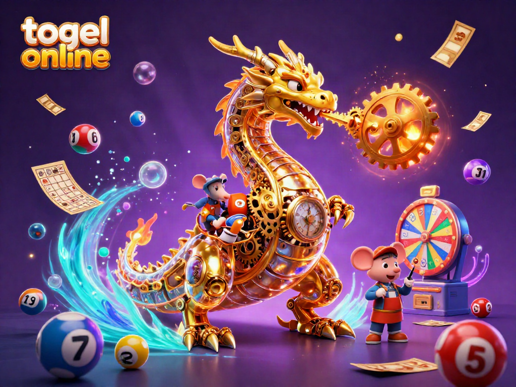 Experience thrilling togel online action with a vibrant scene of colorful lottery elements and a friendly dragon.