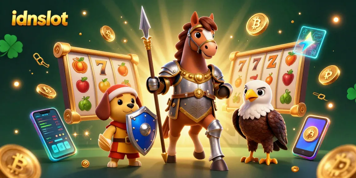 Slot game scene showcasing idnslot with a knight, squire, and falcon amidst vibrant 3D elements.