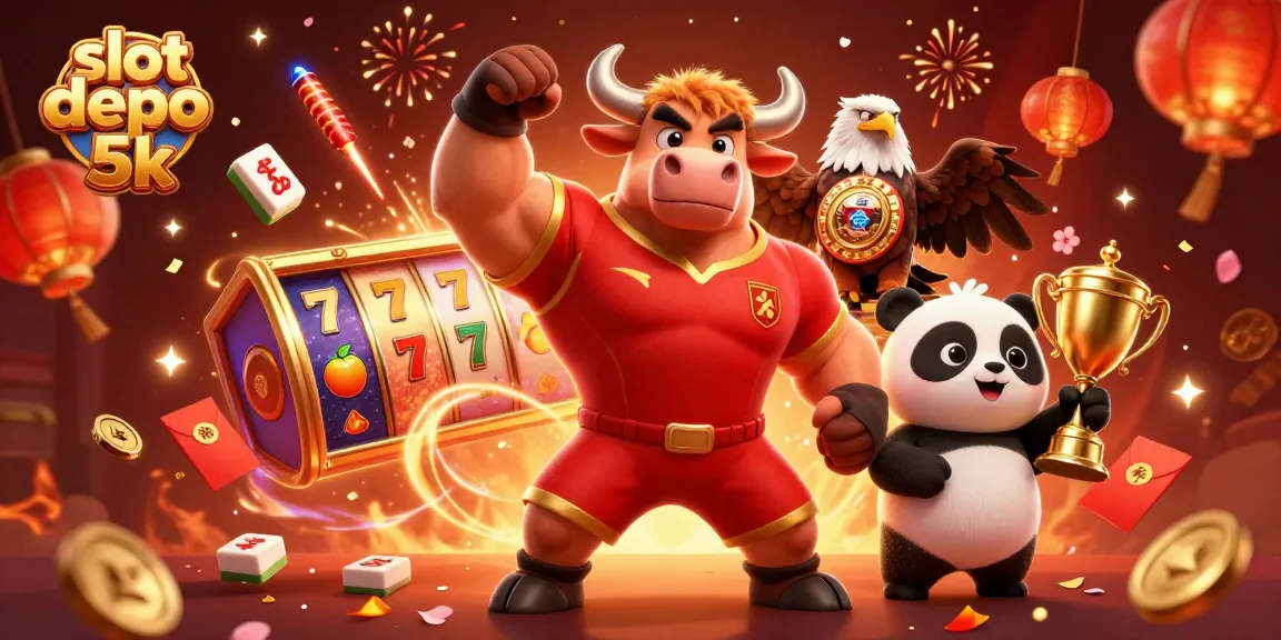 Experience the thrill of slot depo 5k casino games with our victorious bull mascot and friends.
