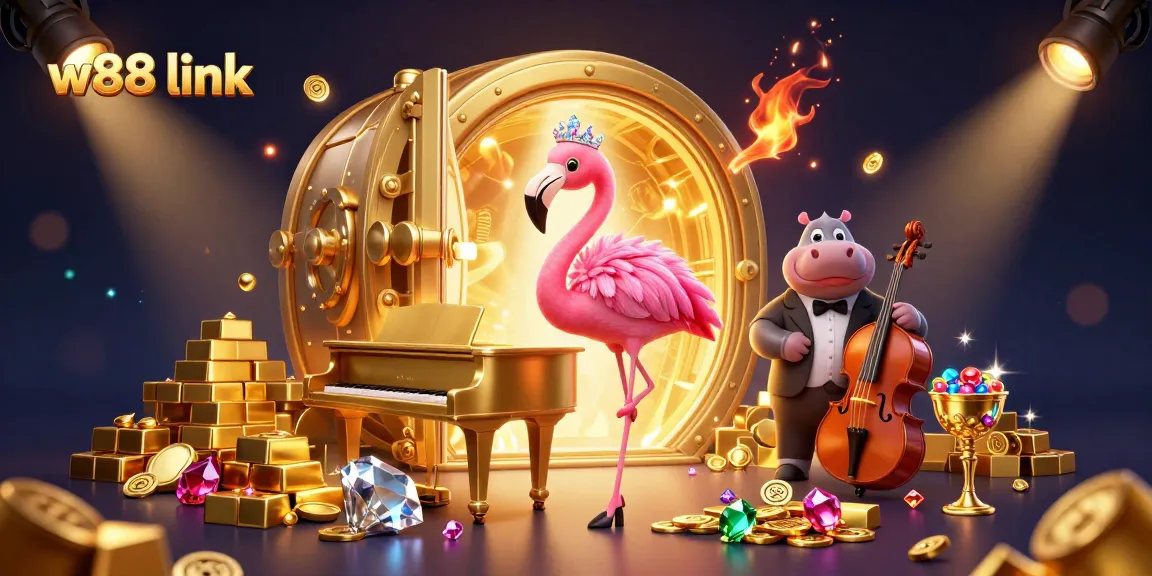 Engage with the w88 link for thrilling casino experiences in a vibrant digital illustration.