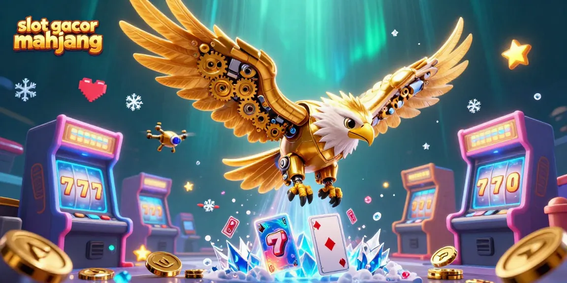 Experience the thrill of slot gacor mahjong with a dynamic cartoon illustration featuring golden eagle diving through gaming elements.