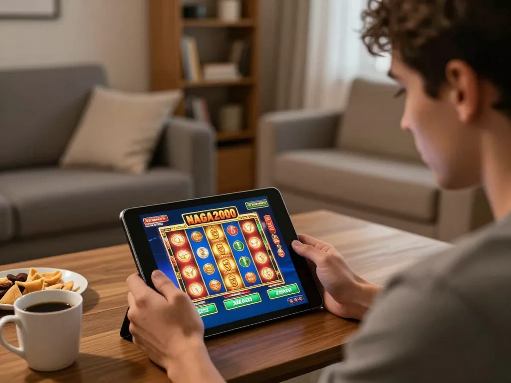 NAGA2000 player engaging in winning strategies on a tablet in a cozy home environment