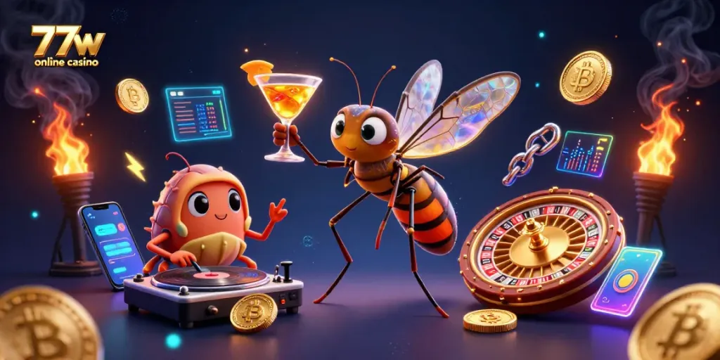 Spin to win at the 77w online casino with vibrant characters showcasing crypto and gaming elements.
