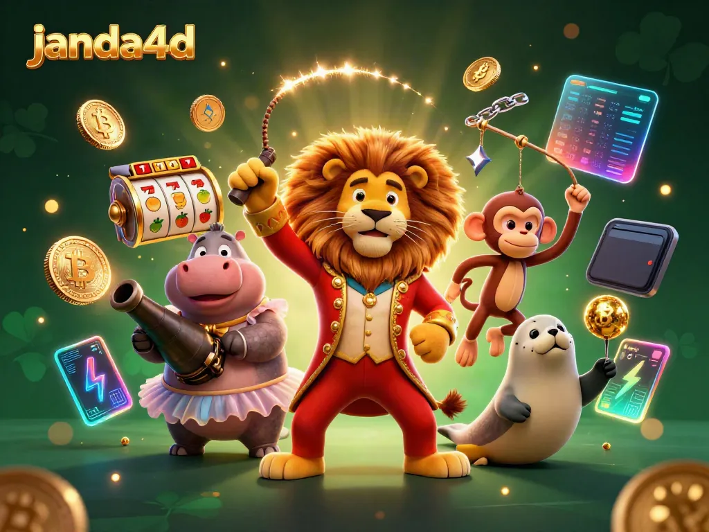 Permainan slot janda4d yang menarik dengan simbol keberuntungan dan cahaya neon cerah.
