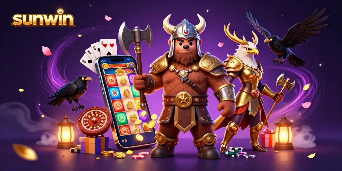 Spin and win at sunwin with a Viking berserker bear and Valkyrie eagle surrounded by vibrant casino elements.
