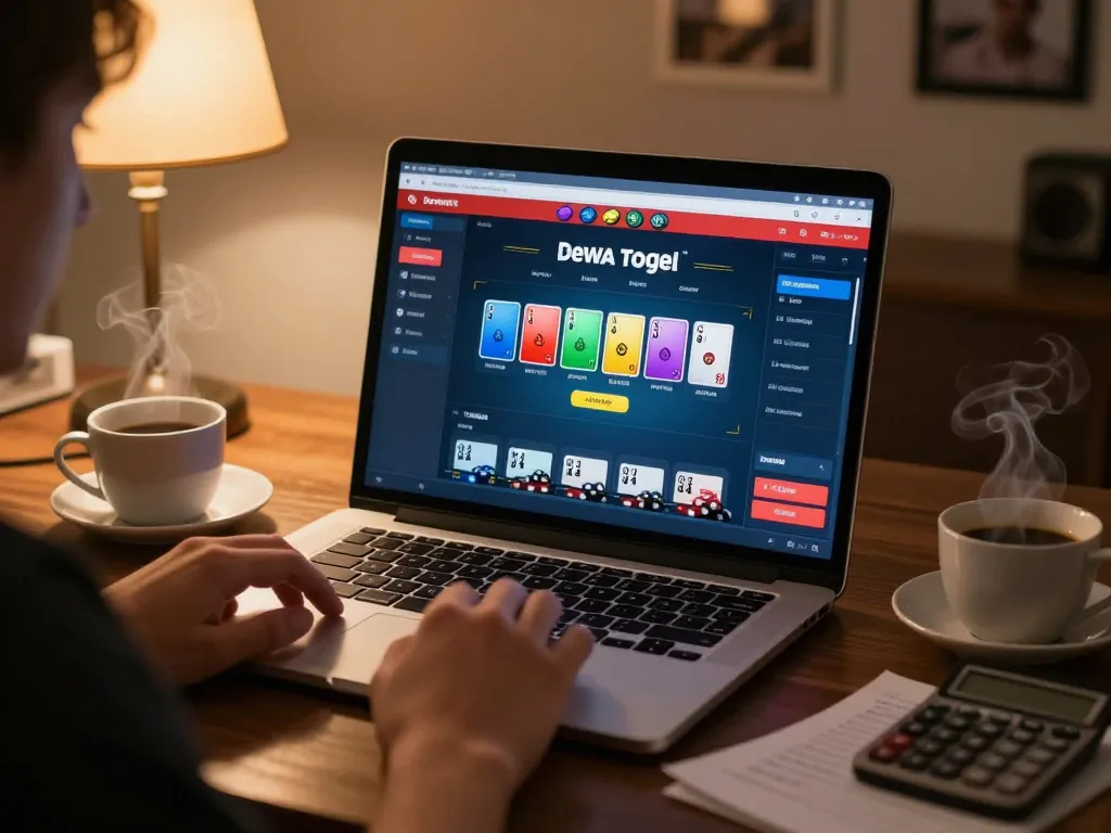 Dewa togel player focuses on online poker interface during cozy home gaming session.