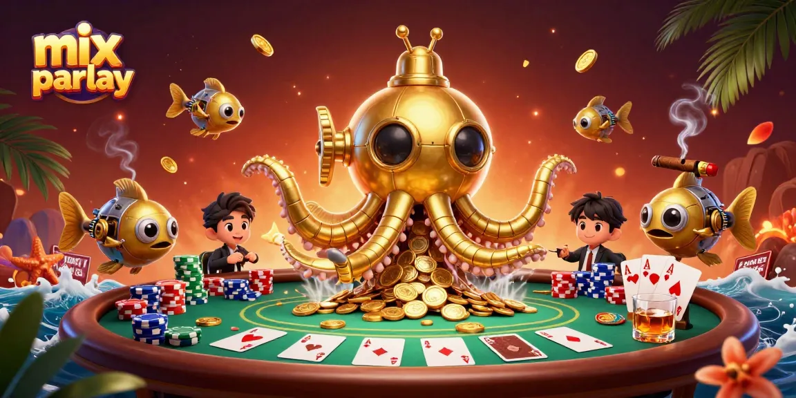 Participate in mix parlay betting with vibrant 3D cartoon kraken and poker scene.
