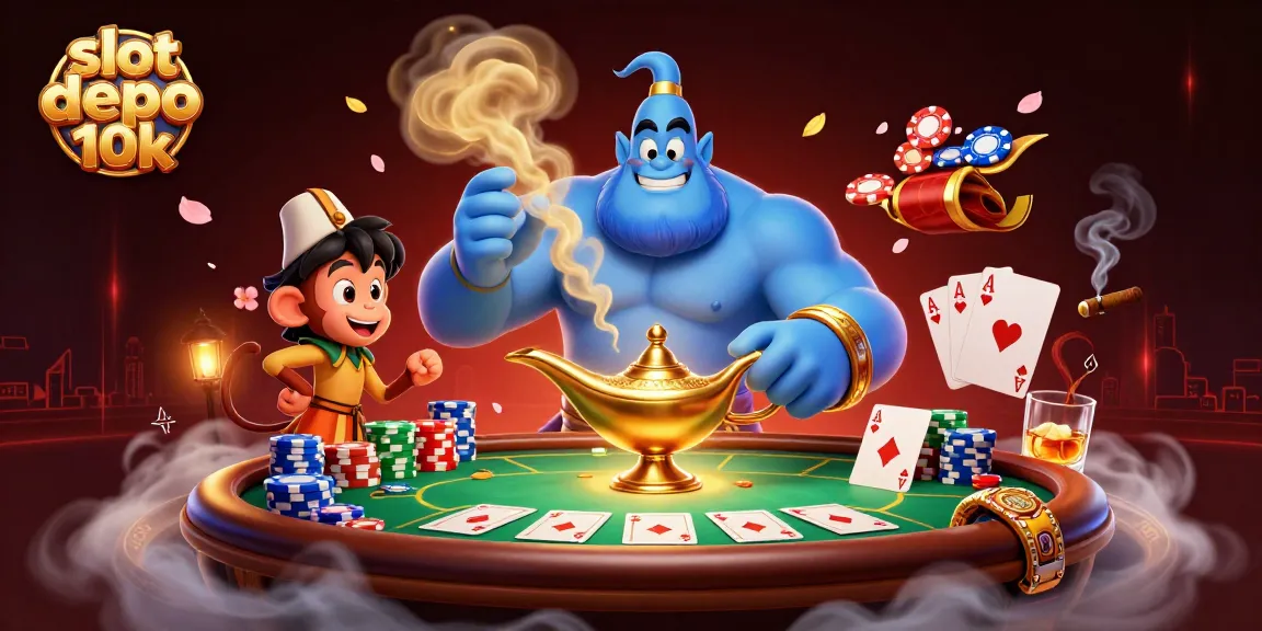 Witness the thrilling excitement of slot depo 10k with a magical genie, poker chips, and vibrant casino elements.