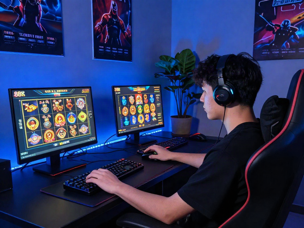Player engaged in a thrilling slot88 gaming session at home, surrounded by gaming gear.