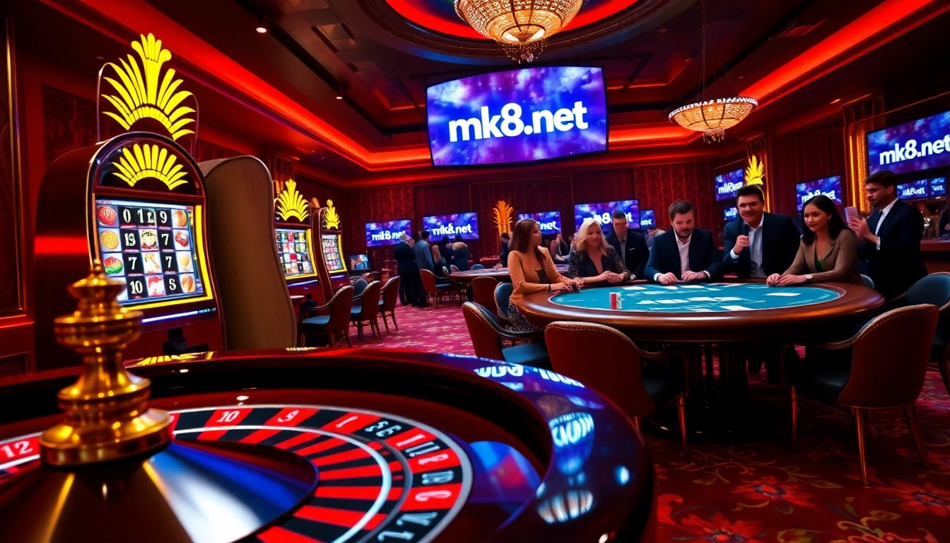 Engaging gamblers at mk8th.net with a luxurious casino scene featuring roulette, poker, and vibrant slots.