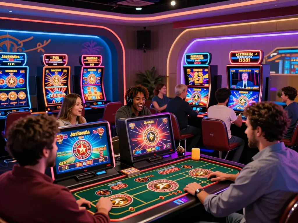 Players enjoying various games at JeetBangla online casino, showcasing excitement and vibrant digital interfaces.