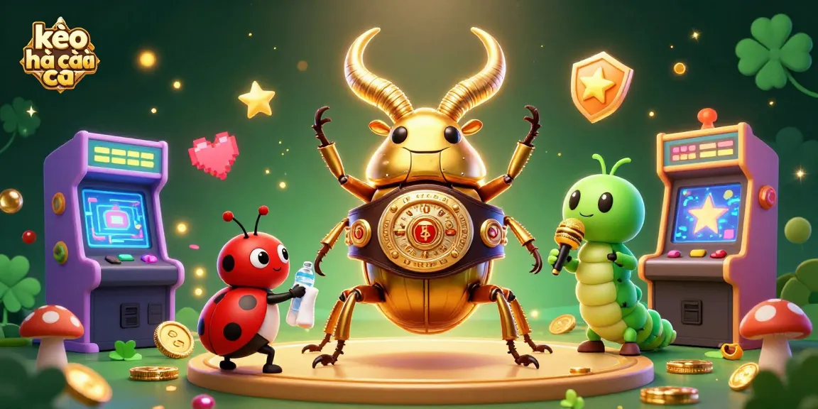 Engage in thrilling moments with kèo nhà cái while interactive gaming elements surround a golden stag beetle protagonist.