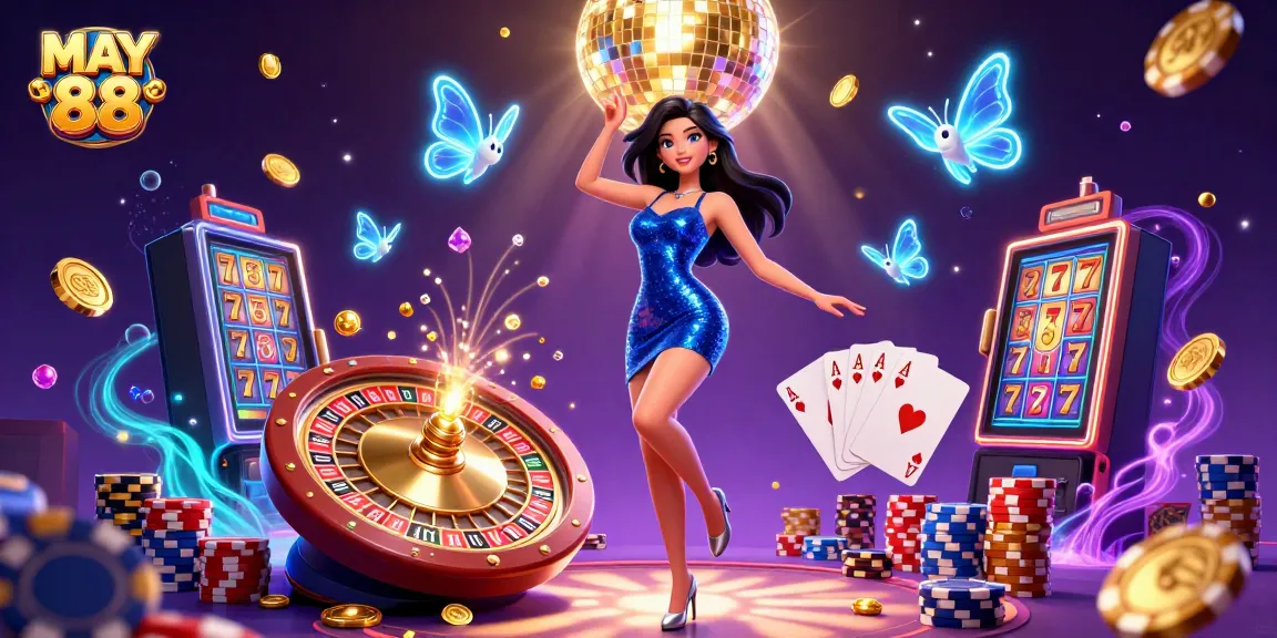 MAY 88 showcases an electric-themed casino scene filled with dynamic slot reels and vibrant elements.