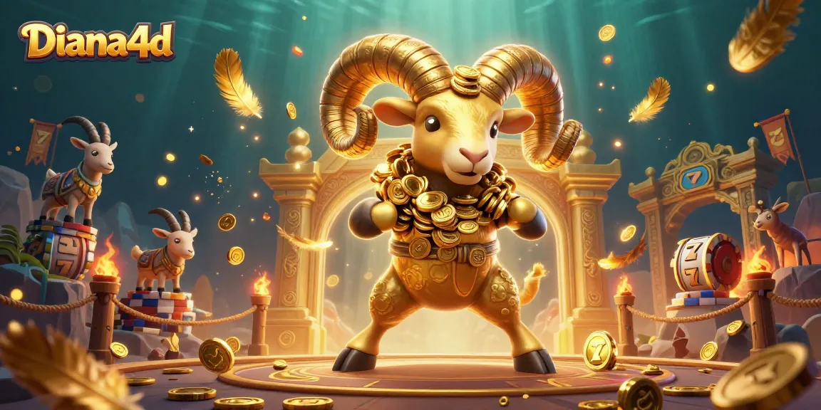 Diana4d showcases a golden ram charging through a vibrant casino scene with slot reels and coins