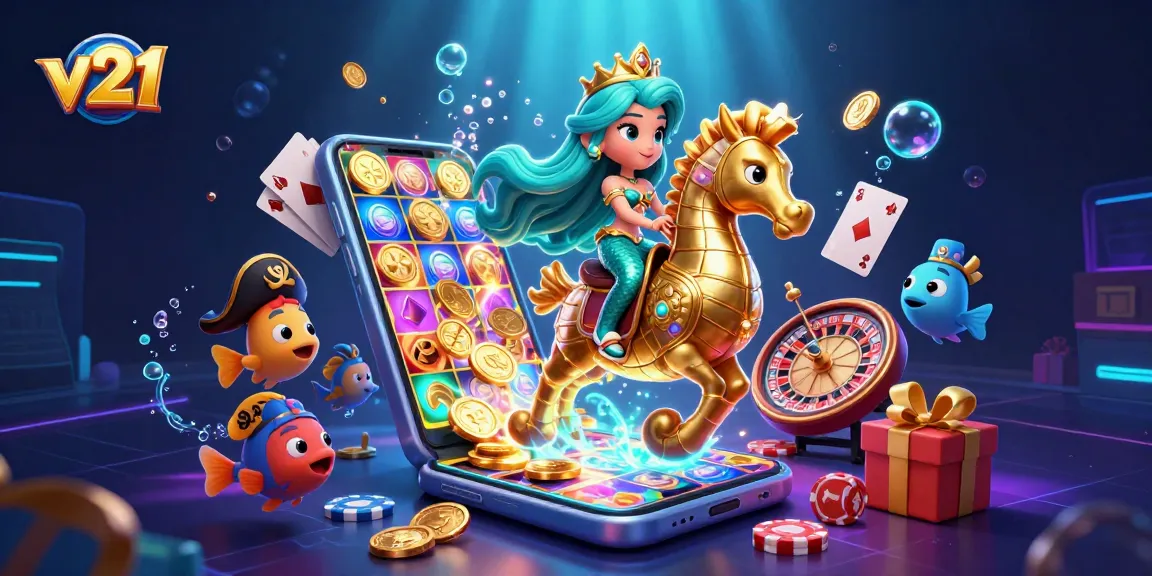 Mengakses v21 untuk memainkan permainan slot dengan putri duyung dan kuda laut di latar belakang futuristik.
