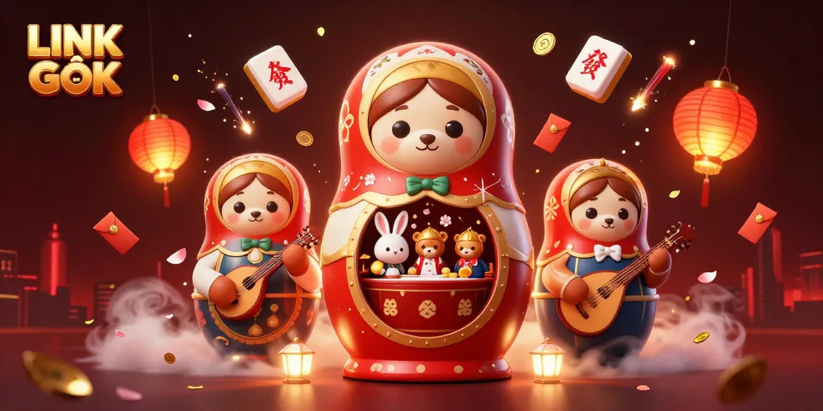 Link GỐC showcases dynamic casino-themed illustration with Matryoshka bears and vibrant elements.