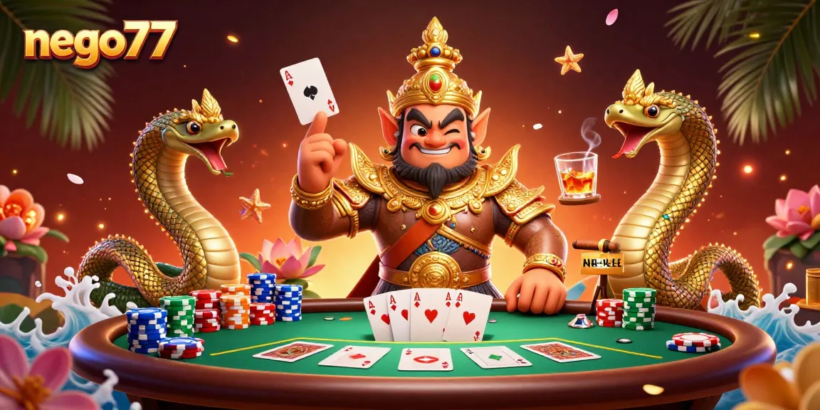 Experience high-stakes poker action with nego77's vibrant casino illustration featuring majestic guardians.