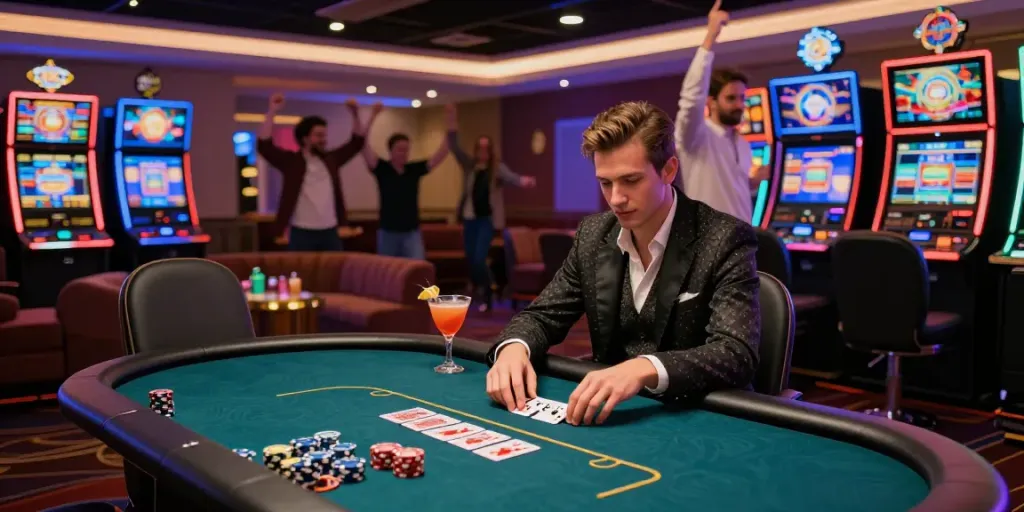 Vzrušující online kasino prostředí s elegantním hráčem u pokerového stolu a jasnými světly kolem.