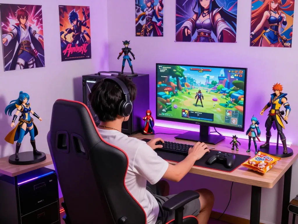 Immersive scene of a player enjoying free porn games in a vibrant gaming setup.