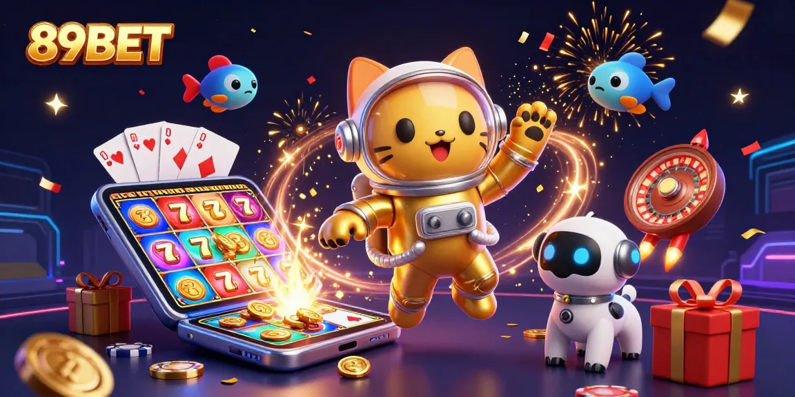 Join in the fun with 89BET's galactic gaming scene featuring vibrant slots and energetic characters.