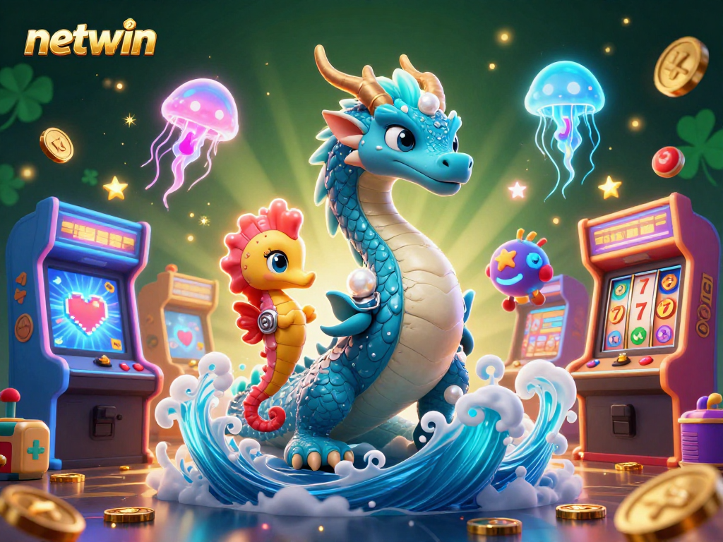 Experience the vibrant world of netwin with a 3D image depicting a dragon, seahorse knight, and glowing jellyfish in a casino-themed setting.