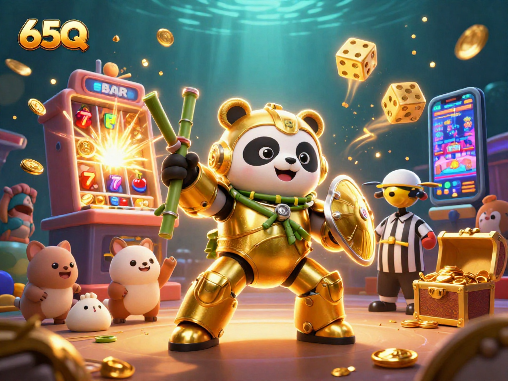 Ganhe no cassino com 65Q em um ambiente vibrante de slot machine e um panda robô animado.