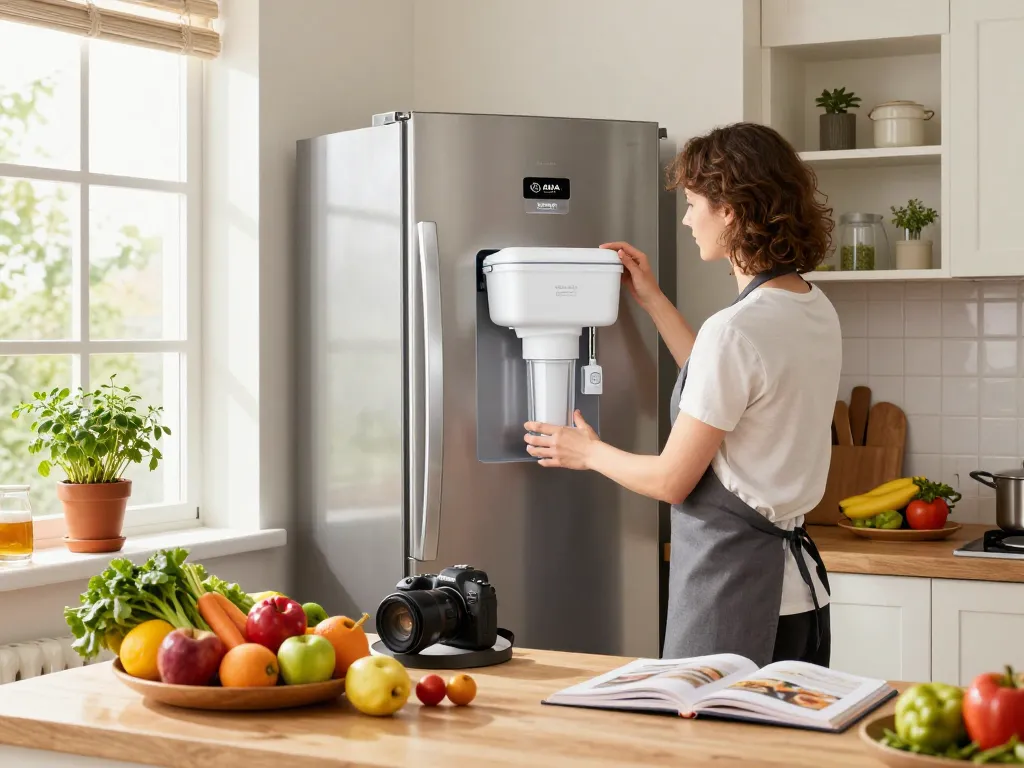 AQUA CREST 12033030 Replacement for Bosch® UltraClarity® Pro BORPLFTR50 water filter installation in a bright kitchen with fresh ingredients.