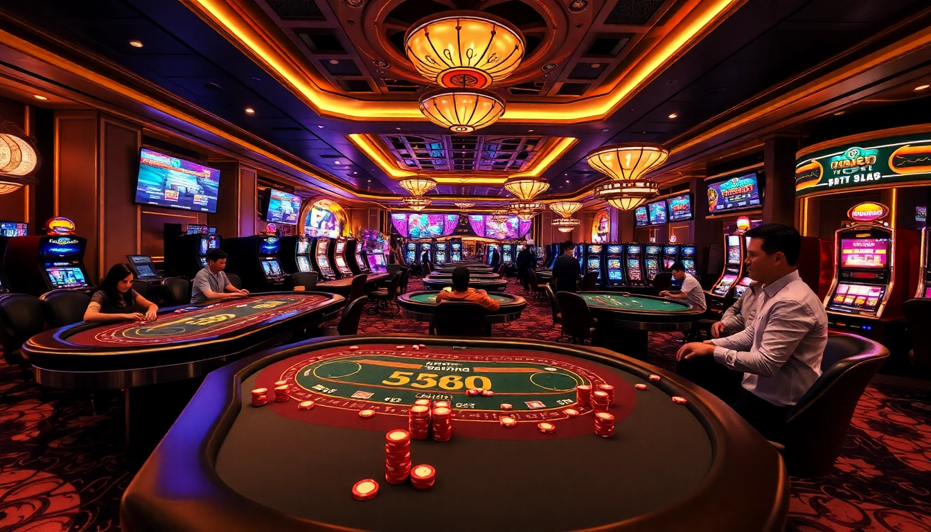 Engaged players participate in Đá Gà Thomo BJ888 on a vibrant casino floor.