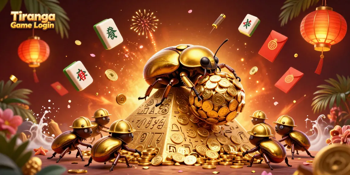 Tiranga Game Login showcases vibrant, interactive 3D illustration of a golden dung beetle rolling coins in a dynamic casino environment.