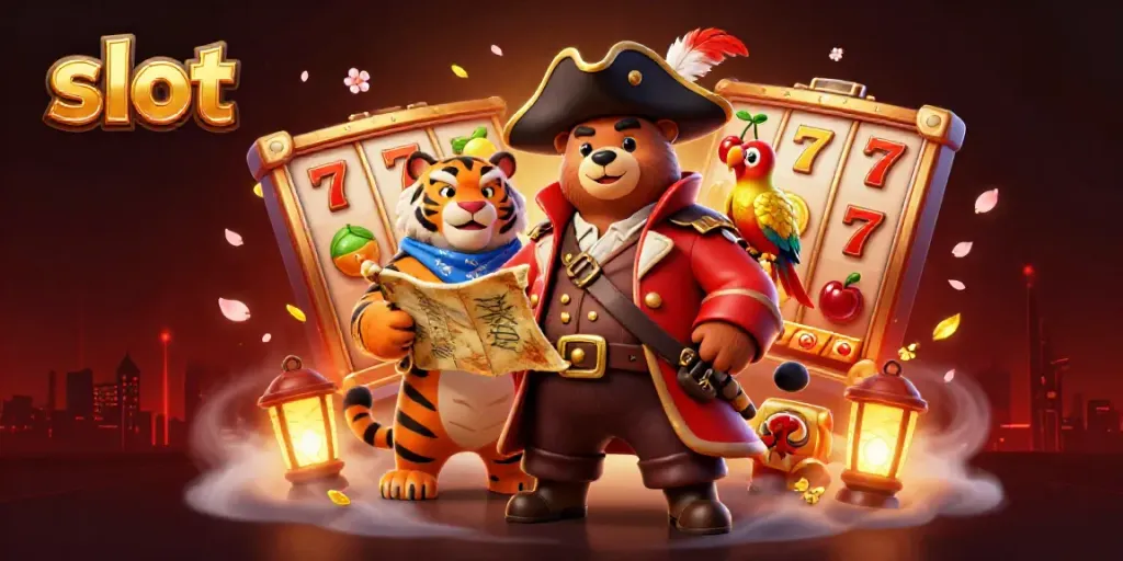 Engaging slot machine fantasy scene featuring a pirate bear, tiger first mate, and golden parrot.