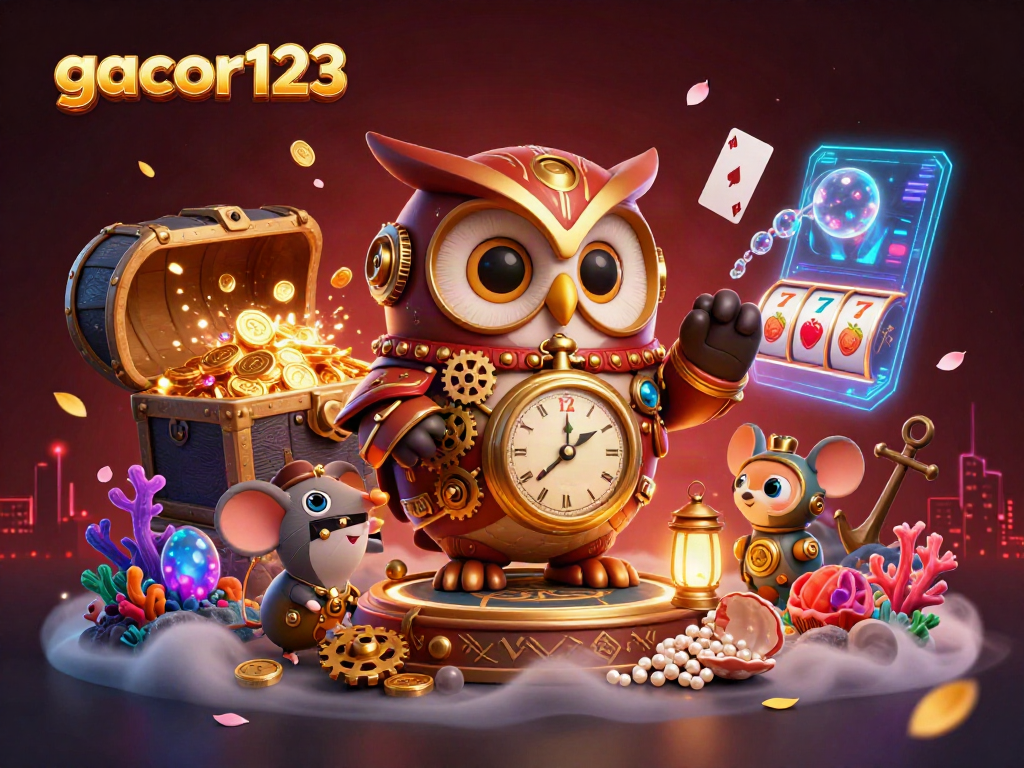 Experience the excitement of gacor123 with a steampunk owl and dynamic casino elements.