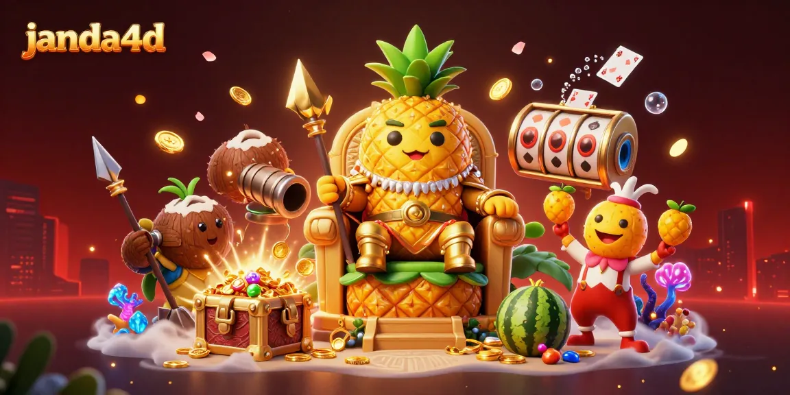Janda4d menampilkan raja nanas emas 3D dalam suasana kasino pantai yang meriah dengan simbol slot.