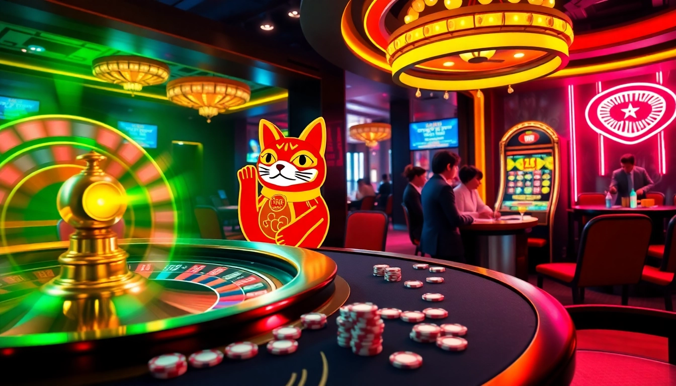Experience Lucky Neko PG Soft รับโบนัสฟรี at the exciting casino scene with slot machines and poker action.