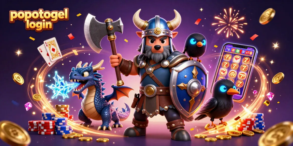 Experience thrilling gaming adventures with popotogel login in this vibrant illustration showcasing a Viking wolf warrior, fierce dragon, and treasures.
