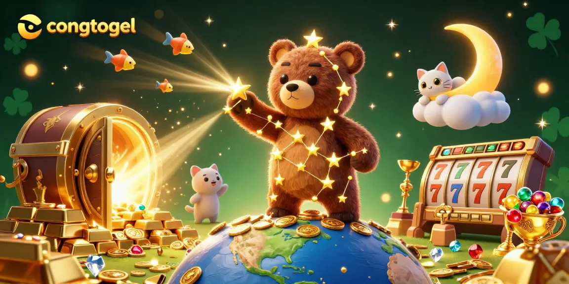 Engage with congtogel slots through a rich 3D illustration featuring a constellation bear, gemstones, and golden treasures.