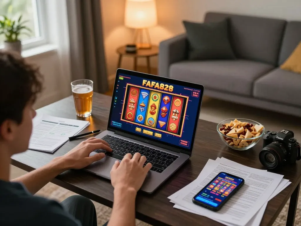 FAFA828 player enjoying online slots in comfortable home setting with snacks and gaming notes.