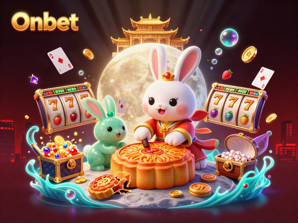 Onbet showcases thrilling slots and jackpots featured with a moon rabbit and vibrant treasures.