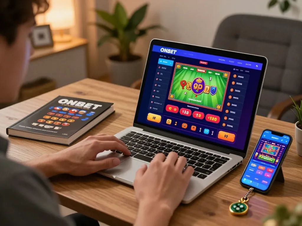 Engaging betting experience with link vào onbet on laptop and smartphone in a cozy home office.