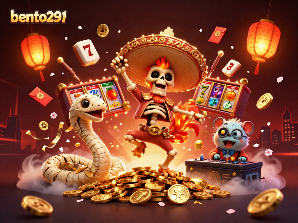 Experience excitement at bento291 with a lively 3D casino celebration featuring animated characters and vibrant slot reels.