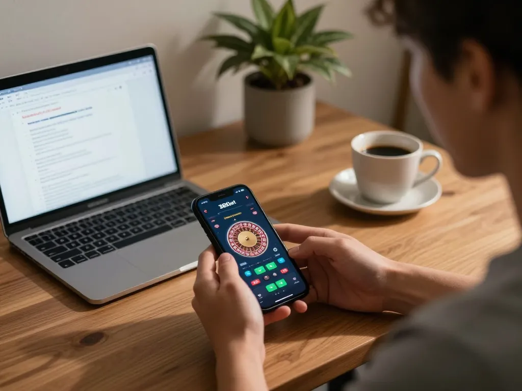 Engaging with the 388bet app for a strategic roulette game on a smartphone amidst careful planning.