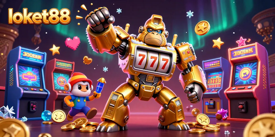 Experience the thrilling excitement of loket88 in a dynamic 3D casino scene featuring a gorilla mech.