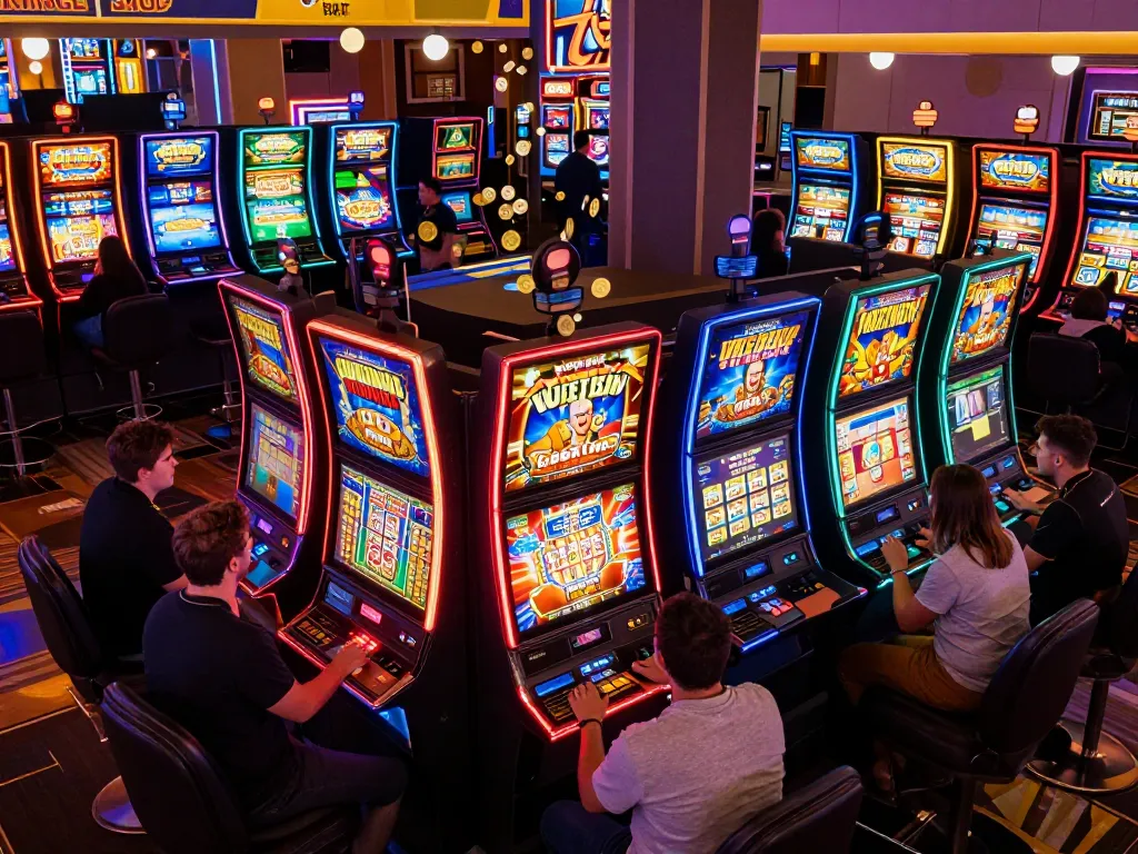 A player hits a jackpot on a slot machine at 79KING Casino, surrounded by vibrant lights and excitement