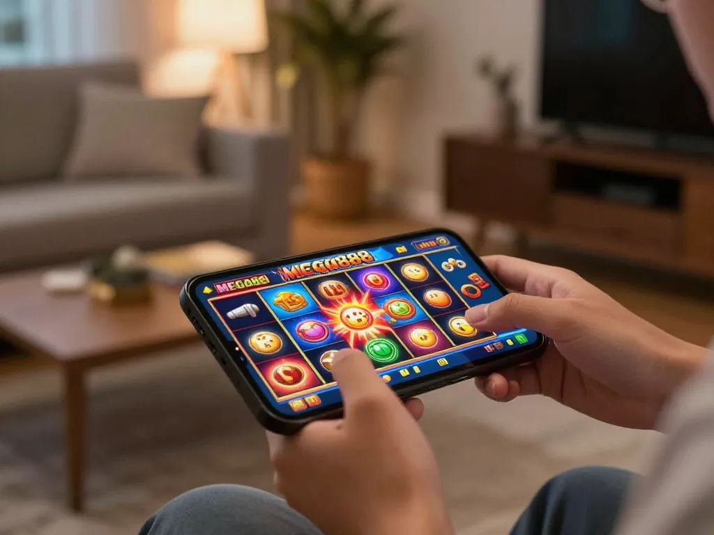 Engaging gameplay on smartphone showcasing free credit mega888 slots, creating a thrilling online gambling experience at home.